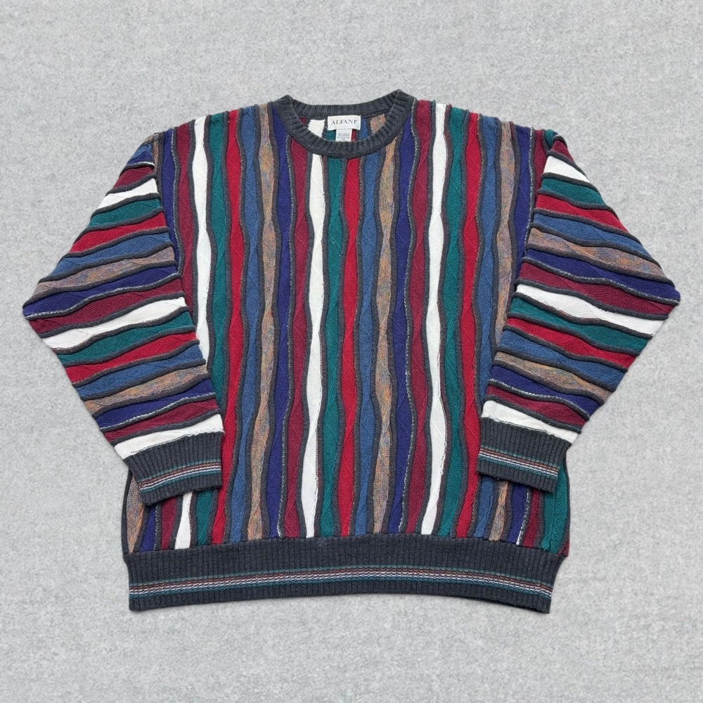 VINTAGE Alfani Sweater Mens XL 3D Knit Multicolor Crewneck Pullover 90s Italy